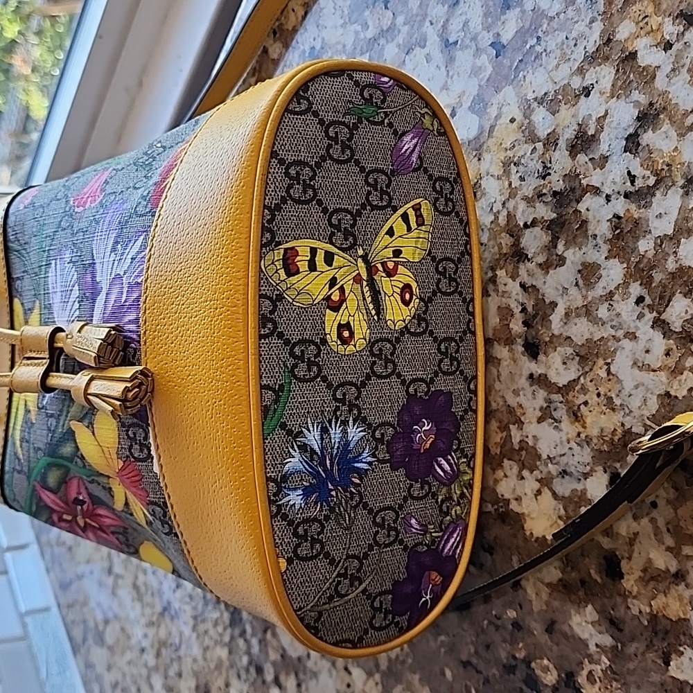 🌼 GUCCI 🌼Ophidia Flora Small GG Canvas Bucket Bag Yellow - Picture 12 of 13